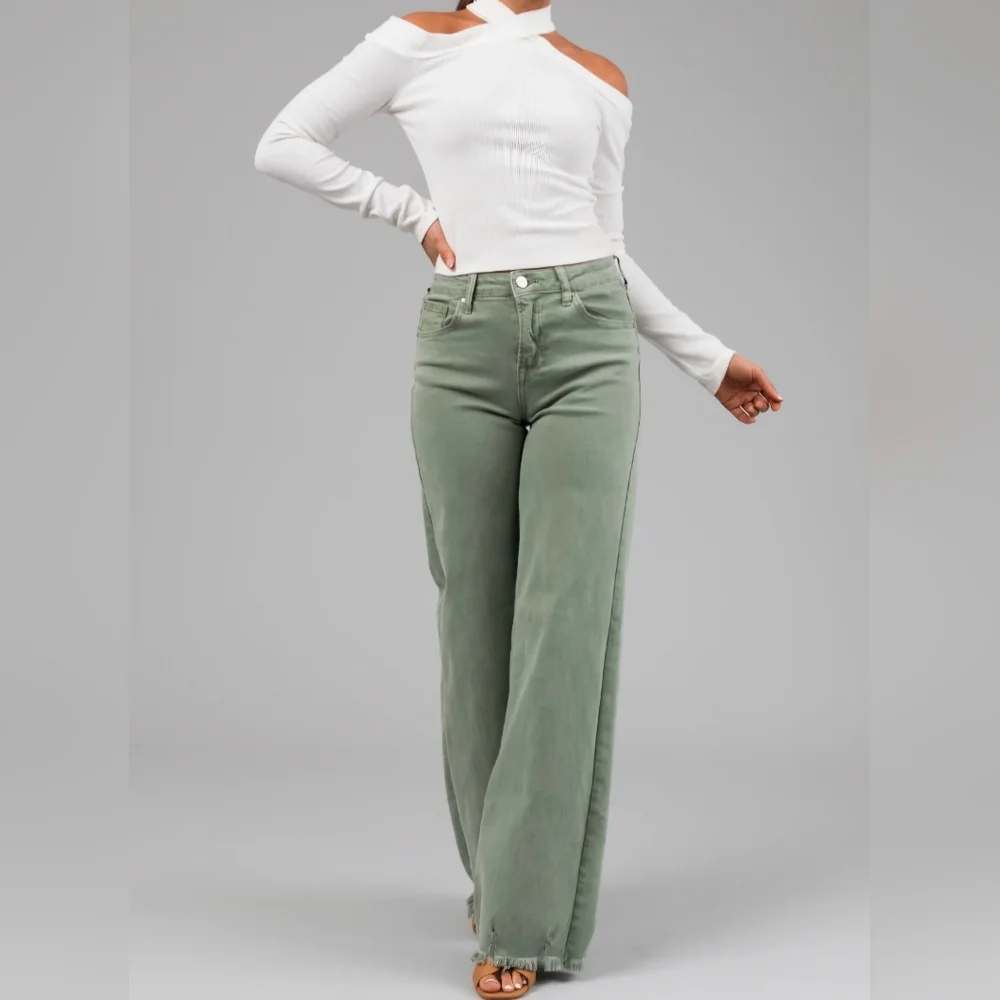 RISEN High Rise Wide Leg Olive Denim Jeans Classic Frayed Hem Size 1/25 NEW - Picture 5 of 15